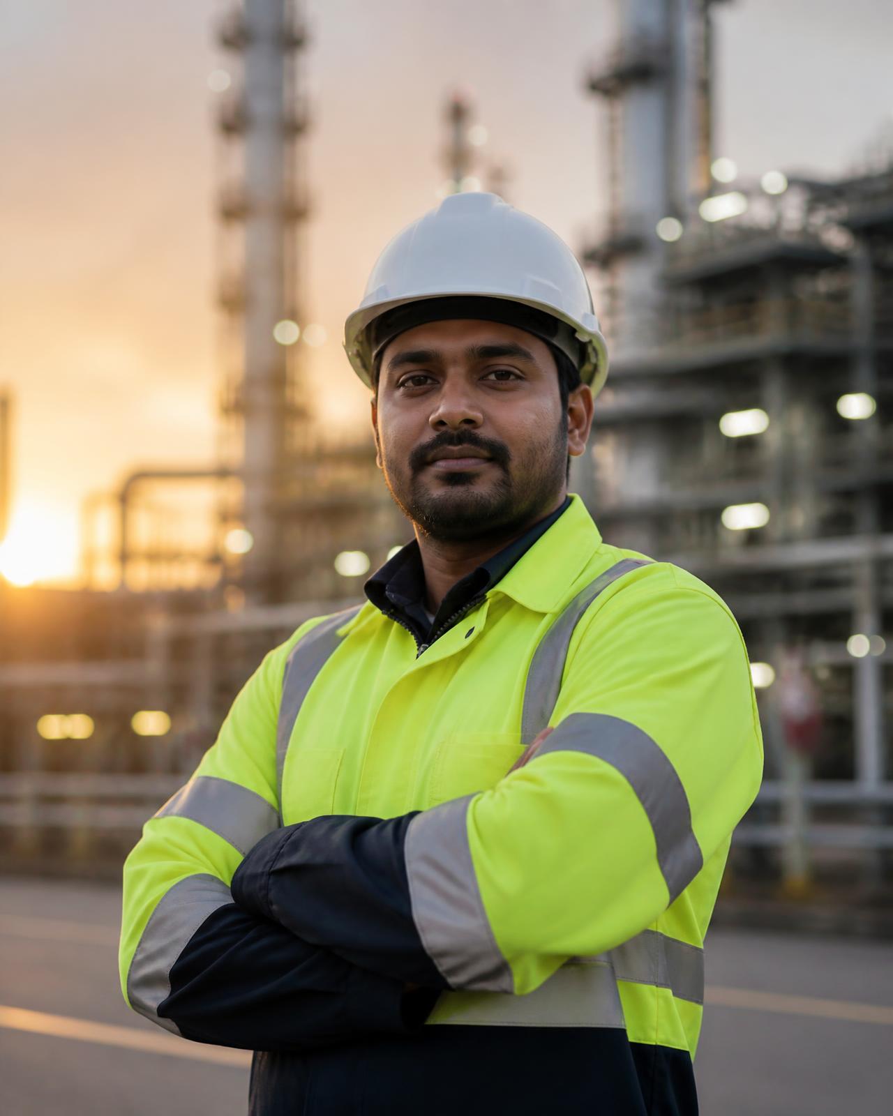 Industrial safety professional in helmet and reflective jacket at a refinery