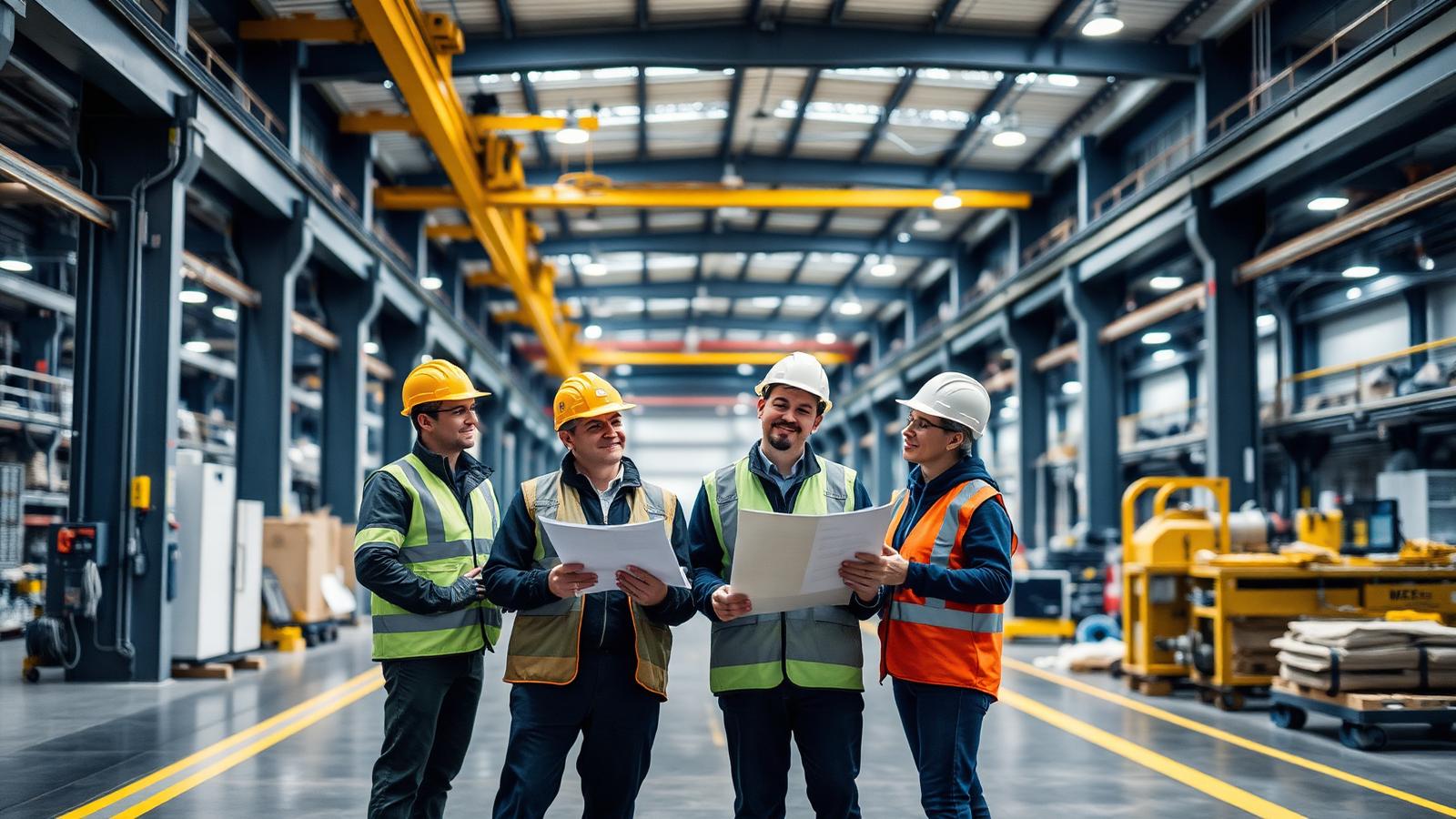 Safety engineers reviewing plans inside a manufacturing plant